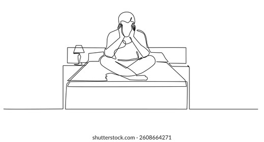 one continuous line of man pensive on bed.one line drawing of anxious man.single line vector illustration.isolated on white background