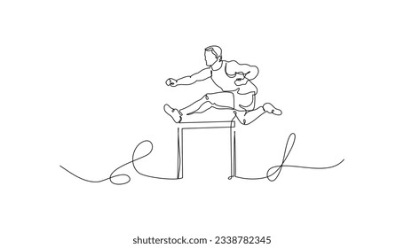 Una línea contínua de un hombre haciendo un salto alto saltó sobre un poste. Ilustración vectorial de estilo minimalista en un fondo blanco.