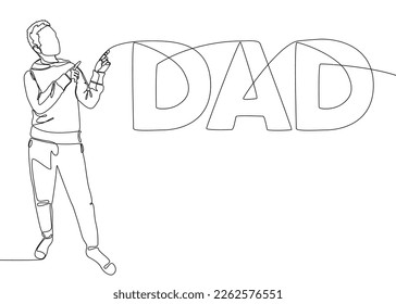 One continuous line of Man pointing with finger at Dad word. Thin Line Illustration vector concept. Contour Drawing Creative ideas.
