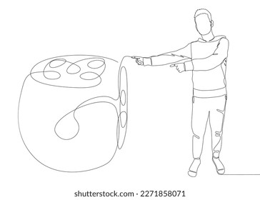 One continuous line of Man pointing with finger at dice. Thin Line Illustration vector concept. Contour Drawing Creative ideas.