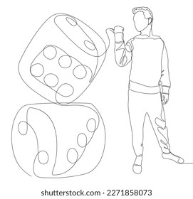 One continuous line of Man pointing with finger at dice. Thin Line Illustration vector concept. Contour Drawing Creative ideas.