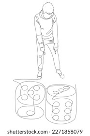 One continuous line of Man pointing with finger at dice. Thin Line Illustration vector concept. Contour Drawing Creative ideas.