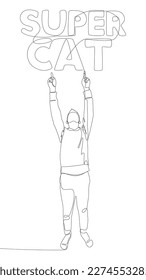One continuous line of Man pointing with finger at Super Cat word. Thin Line Illustration vector concept. Contour Drawing Creative ideas.