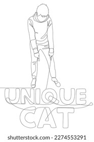One continuous line of Man pointing with finger at Unique Cat word. Thin Line Illustration vector concept. Contour Drawing Creative ideas.