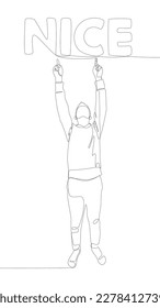 One continuous line of Man pointing with finger at Nice word. Thin Line Illustration vector concept. Contour Drawing Creative ideas.