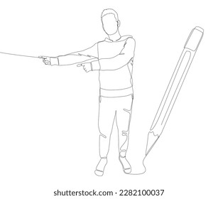 One continuous line of man pointing drawn with a pencil, felt tip pen. Thin Line Illustration vector concept. Contour Drawing Creative ideas.
