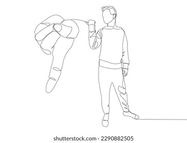 One continuous line of Man pointing with finger at a pointind hand. Thin Line Illustration vector concept. Contour Drawing Creative ideas.