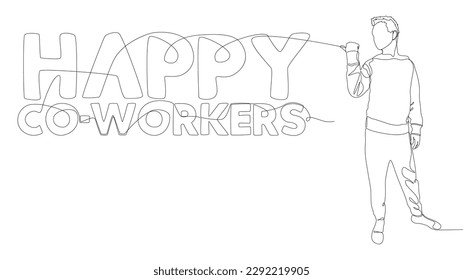 One continuous line of Man pointing with finger at Happy Co-workers word. Thin Line Illustration vector concept. Contour Drawing Creative ideas.