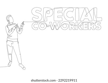 Una línea continua de hombre señalando con el dedo a la palabra de trabajadores especiales. Concepto vectorial de Ilustración de líneas delgadas. Contour Drawing Ideas Creativas.