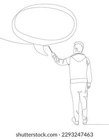 One continuous line of Man pointing with finger at empty Speech Bubble. Thin Line Illustration vector concept. Contour Drawing Creative ideas.