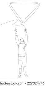 One continuous line of Man pointing with finger at empty Speech Bubble. Thin Line Illustration vector concept. Contour Drawing Creative ideas.