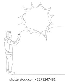 One continuous line of Man pointing with finger at empty Speech Bubble. Thin Line Illustration vector concept. Contour Drawing Creative ideas.