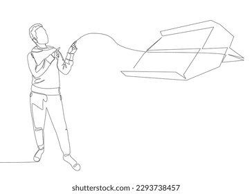 One continuous line of Man pointing with finger at Paper Airplane. Thin Line Illustration vector concept. Contour Drawing Creative ideas.