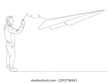 One continuous line of Man pointing with finger at Paper Airplane. Thin Line Illustration vector concept. Contour Drawing Creative ideas.