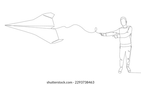 One continuous line of Man pointing with finger at Paper Airplane. Thin Line Illustration vector concept. Contour Drawing Creative ideas.