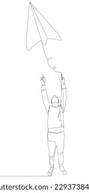 One continuous line of Man pointing with finger at Paper Airplane. Thin Line Illustration vector concept. Contour Drawing Creative ideas.