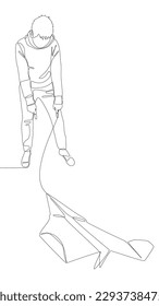 One continuous line of Man pointing with finger at Paper Airplane. Thin Line Illustration vector concept. Contour Drawing Creative ideas.