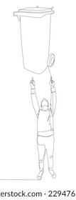 One continuous line of Man pointing with finger at Garbage Bin. Thin Line Illustration vector concept. Contour Drawing Creative ideas.