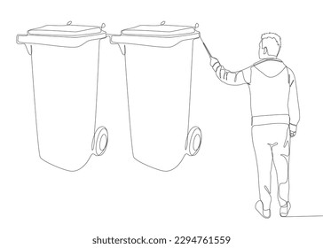 One continuous line of Man pointing with finger at Garbage Bin. Thin Line Illustration vector concept. Contour Drawing Creative ideas.