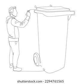 One continuous line of Man pointing with finger at Garbage Bin. Thin Line Illustration vector concept. Contour Drawing Creative ideas.