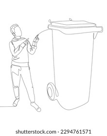 One continuous line of Man pointing with finger at Garbage Bin. Thin Line Illustration vector concept. Contour Drawing Creative ideas.