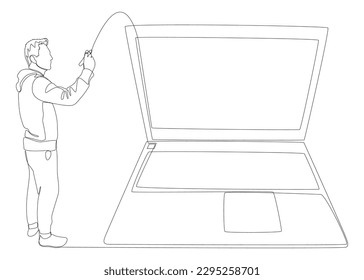 One continuous line of Man pointing with finger at laptop. Thin Line Illustration vector concept. Contour Drawing Creative ideas.