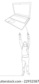 One continuous line of Man pointing with finger at laptop. Thin Line Illustration vector concept. Contour Drawing Creative ideas.