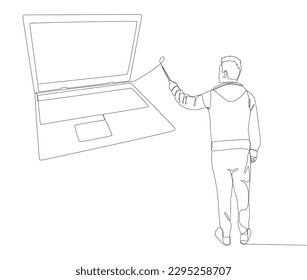 One continuous line of Man pointing with finger at laptop. Thin Line Illustration vector concept. Contour Drawing Creative ideas.