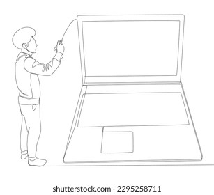 One continuous line of Man pointing with finger at laptop. Thin Line Illustration vector concept. Contour Drawing Creative ideas.