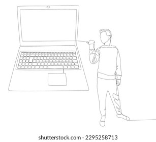Una línea continua de hombre señalando con el dedo al portátil. Concepto vectorial de Ilustración de líneas delgadas. Contour Drawing Ideas Creativas.