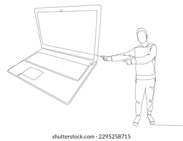 Una línea continua de hombre señalando con el dedo al portátil. Concepto vectorial de Ilustración de líneas delgadas. Contour Drawing Ideas Creativas.
