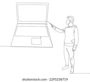 One continuous line of Man pointing with finger at laptop. Thin Line Illustration vector concept. Contour Drawing Creative ideas.