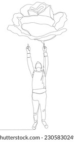 One continuous line of Man pointing with finger at rose. Thin Line Illustration vector concept. Contour Drawing Creative ideas.