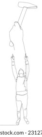 One continuous line of Man pointing with finger at Hammer. Thin Line Illustration vector Work Tool concept. Contour Drawing Creative Craftsperson ideas.