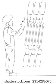 Una línea continua de hombre señalando con el dedo al destornillador. Reparación de línea delgada, concepto de vector de ilustración de carpintería. Contour Drawing Ideas Creativas.