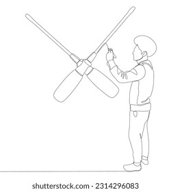 One continuous line of Man pointing with finger at Screwdriver. Thin Line Repair, Carpentry Illustration vector concept. Contour Drawing Creative ideas.