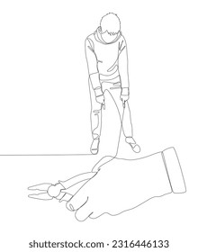 One continuous line of Man pointing with finger at Pliers, Tongs. A hand tool used to hold objects securely. Thin Line Illustration vector concept. Contour Drawing Creative ideas.