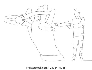 Una línea continua del hombre señalando con el dedo a Pliers, Tongs. Herramienta de mano utilizada para sujetar los objetos de forma segura. Concepto vectorial de Ilustración de líneas delgadas. Contour Drawing Ideas Creativas.