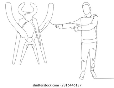 One continuous line of Man pointing with finger at Pliers, Tongs. A hand tool used to hold objects securely. Thin Line Illustration vector concept. Contour Drawing Creative ideas.