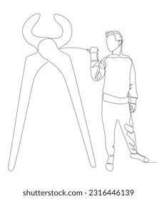 Una línea continua del hombre señalando con el dedo a Pliers, Tongs. Herramienta de mano utilizada para sujetar los objetos de forma segura. Concepto vectorial de Ilustración de líneas delgadas. Contour Drawing Ideas Creativas.