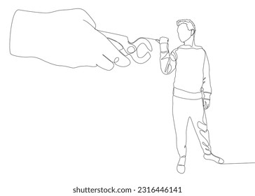 One continuous line of Man pointing with finger at Pliers, Tongs. A hand tool used to hold objects securely. Thin Line Illustration vector concept. Contour Drawing Creative ideas.