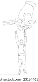 One continuous line of Man pointing with finger at Pliers, Tongs. A hand tool used to hold objects securely. Thin Line Illustration vector concept. Contour Drawing Creative ideas.