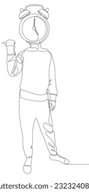 One continuous line of Man with pointing finger and alarm clock as head, symbol of time as disguise. Thin Line Illustration vector concept. Contour Drawing Creative ideas.