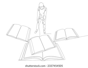 Una línea continua de hombre señalando con el dedo al libro. Concepto vectorial de Ilustración de líneas delgadas. Contour Drawing Ideas Creativas.