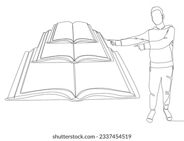 One continuous line of Man pointing with finger at book. Thin Line Illustration vector concept. Contour Drawing Creative ideas.