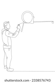 One continuous line of Man pointing with finger at Measuring tape. Thin Line Illustration vector concept. Contour Drawing Creative ideas.