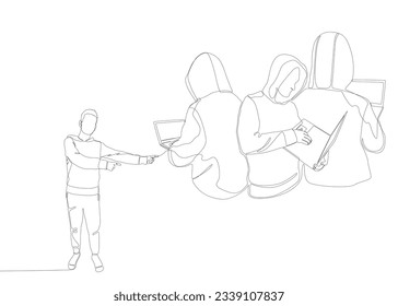 One continuous line of Man pointing with finger at Hacker, Men using Laptop. Thin Line Illustration vector concept. Contour Drawing Creative ideas.