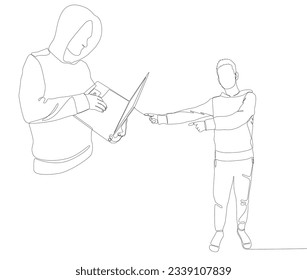 One continuous line of Man pointing with finger at Hacker, Men using Laptop. Thin Line Illustration vector concept. Contour Drawing Creative ideas.