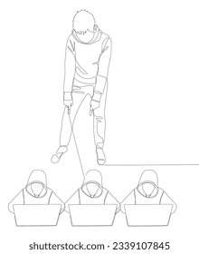 One continuous line of Man pointing with finger at Hacker, Men using Laptop. Thin Line Illustration vector concept. Contour Drawing Creative ideas.