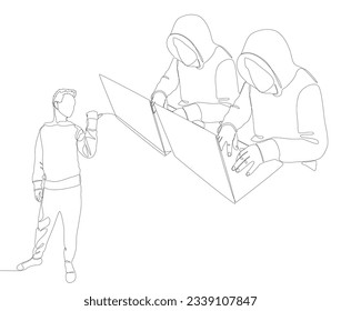 One continuous line of Man pointing with finger at Hacker, Men using Laptop. Thin Line Illustration vector concept. Contour Drawing Creative ideas.
